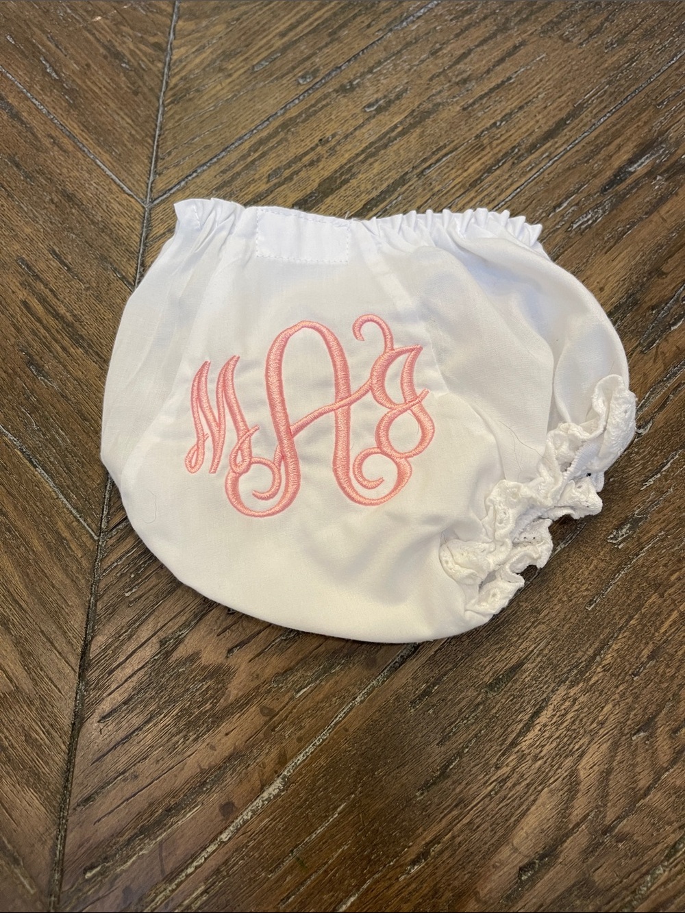 White Baby Bloomers with Pink Monogram MAJ